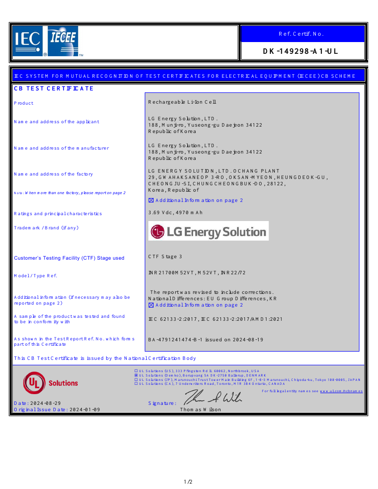 IEC 62133-2 / CB document for INR21700M52VT · 2024-08-29