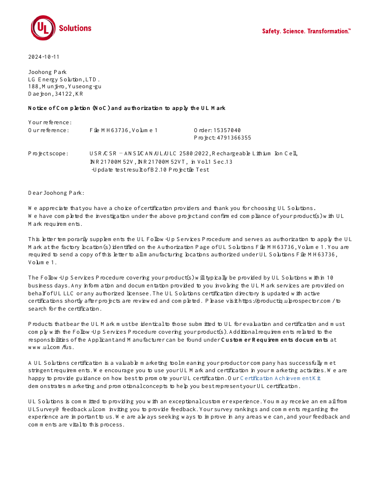UL 2580 Documentation document for M52V / M52VT · 2024-10-11