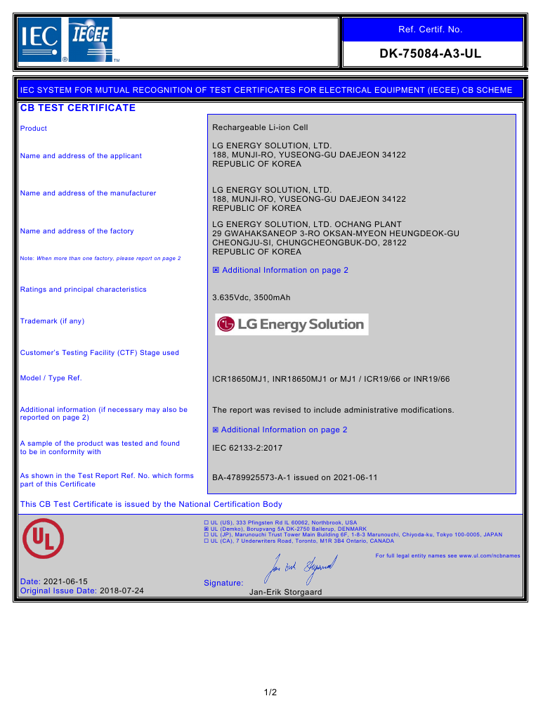 IEC 62133-2 / CB document for ICR18650MJ1 / INR18650MJ1 · 2021-06-15