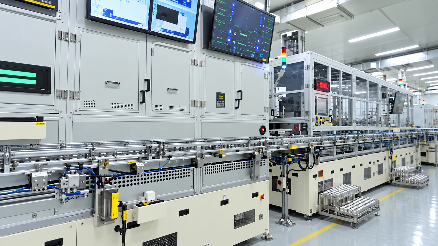 Illustration of automated cylindrical battery cell production equipment